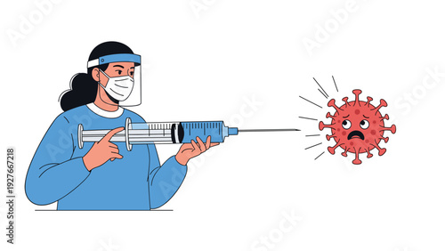 Nurse in medical mask and face shield pointing large syringe at cartoon virus for vaccination defense concept.
