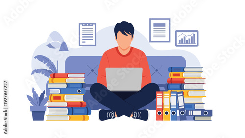 Young man sitting on floor using laptop while surrounded by tall stacks of books and files for study or work.