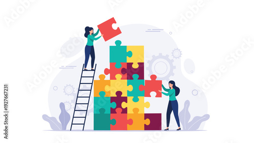 Two women building tall wall from colorful jigsaw puzzle pieces to demonstrate collaboration and team work.