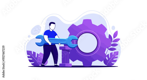 Man fixing gear with wrench system maintenance setup and engineering repair