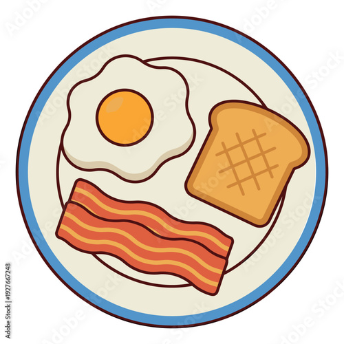 Hand drawn line art cartoon breakfast set featuring a fried egg, crispy bacon, and toasted bread for a morning meal illustration