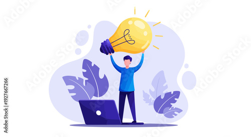 Man holding glowing light bulb above laptop symbolizing business innovation and bright new ideas