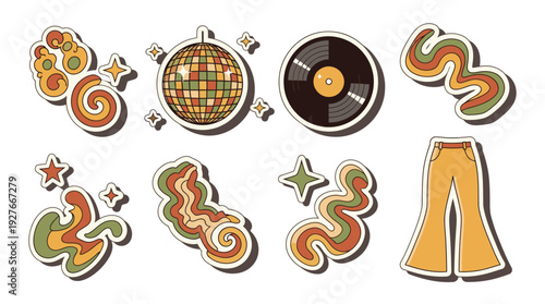 Retro Disco Party Sticker Set with Vinyl Record and Flared Pants.