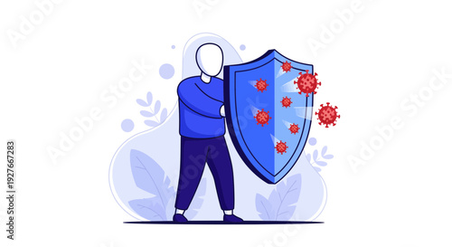 Immunity concept person holding shield blocking virus infection defense health
