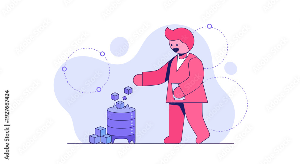 Obraz premium Man puts data cubes into storage container for processing in a technology business concept