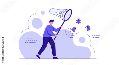 Software Debugging Process Problem Solving Illustration Man Catching Bugs