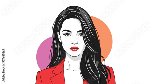 Portrait of beautiful woman with long dark hair and red blazer standing against white background with circles.
