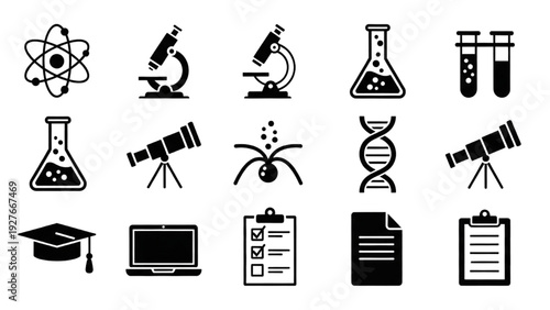 Collection of Science Icons Featuring Laboratory Equipment and Symbols in Vector Icon Sheet