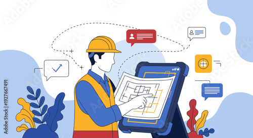 Construction engineer reviewing digital plans on tablet for project workflow