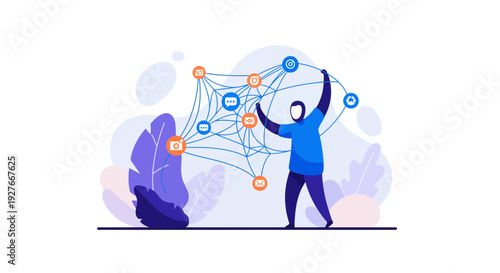 Person actively managing global digital network connections representing social media communication data exchange and modern internet web systems