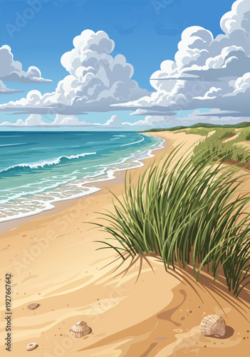 Serene vector illustration of tranquil beach with gentle waves and lush coastal grasses