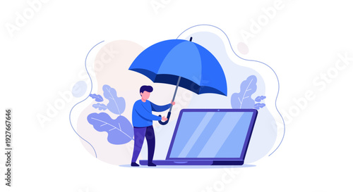 Cybersecurity Data Protection Man Holding Umbrella Over Laptop Security