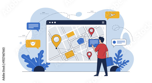Man planning travel journey on a digital map application with location pins