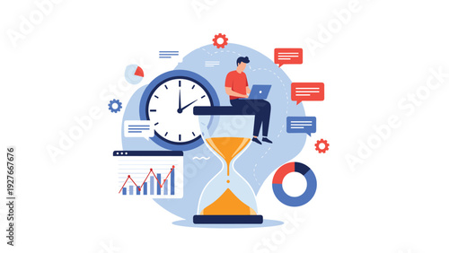 Focused freelancer sitting on a giant hourglass while working on a laptop surrounded by clocks and business analytics data.