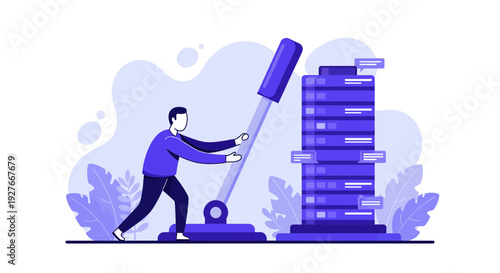 Man managing server stack data system operations and digital infrastructure control