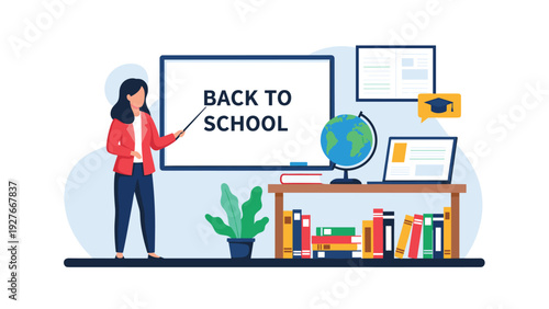 Female teacher pointing at a whiteboard with back to school text in a classroom setting with books and educational tools.