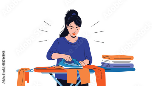 Diligent housewife ironing bright orange clothes on a board with a stack of folded laundry nearby in a clean environment.