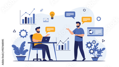 Business colleagues having a productive discussion in a modern office with floating icons for ideas and data visualization.