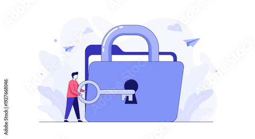 Data security concept illustration person unlocking file folder with padlock key