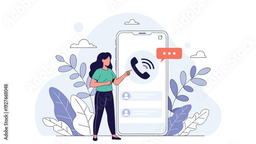 Young woman using a large smartphone interface to make a phone call surrounded by stylized blue leaves and plants icons.