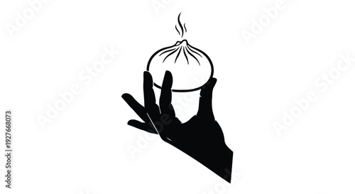 Stylized Graphic Icon of a Hand Gently Presenting a Hot Steaming Asian Dumpling