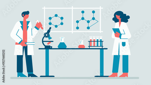 Scientists in modern laboratory setting with microscope and molecular structures on wall
