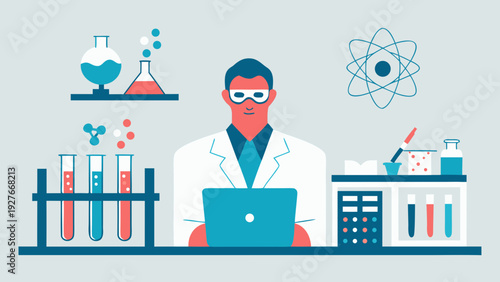 Scientist analyzing data on laptop in laboratory with test tubes and equipment wearing safety goggles and lab coat surrounded by science and technology symbols