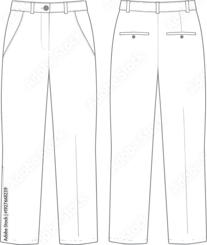 AFlat vector illustration of women's high waisted tailored trousers featuring front pockets and back welt pockets for technical apparel design and fashion mockuprt & Illustration