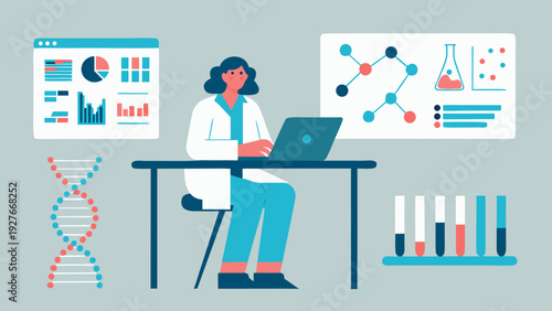 Big data analysis in a laboratory setting with a scientist working on a laptop surrounded by graphs dna helix and test tubes representing data driven research and scientific