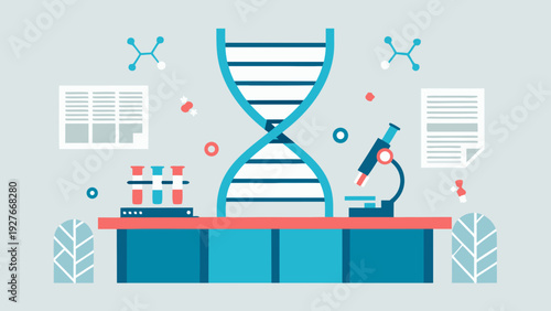 Genetic research concept with dna double helix structure on laboratory desk with microscope and papers