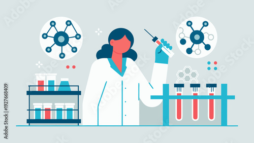 Scientist in lab coat preparing vaccine injection with test tubes and molecular structures