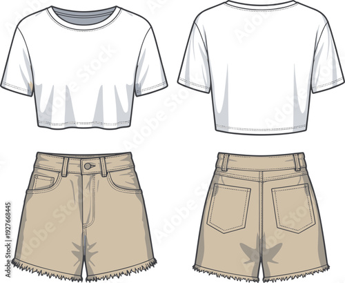 Flat vector illustration of women's summer outfit featuring white crop top t-shirt and tan denim shorts with frayed hem for fashion design mockupArt & Illustration