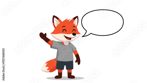 Happy fox character waving its paw next to a blank speech bubble perfect for children's stories and custom messages.