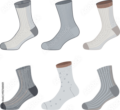 Flat Vector Illustration Set of Various Cotton Socks in Neutral Gray and White Tones with Ribbed and Polka Dot Patterns Isolated on White BackgroundArt & Illustration