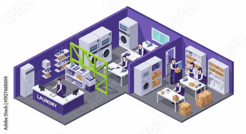 Isometric illustration of a trade show booth with various industrial equipment and displays.