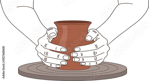 Potter Hands Shaping Clay Vase on Wheel with Traditional Ceramic Craft Process and Handmade Pottery Workshop Vector Illustration
