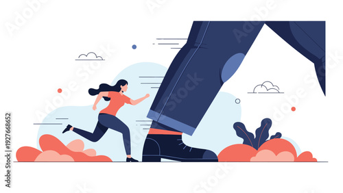 Small female figure running away from a giant foot representing overcoming huge obstacles and corporate challenges.