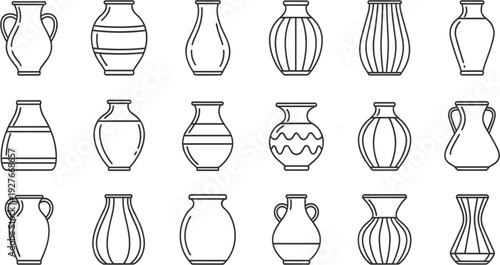 Ceramic Vase Collection Line Art Set with Decorative Pottery Shapes, Classic Clay Containers and Home Decor Outline Vector Illustration