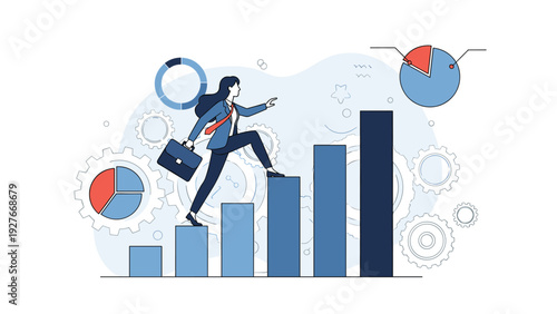 Successful businesswoman climbing up a growing bar chart representing career advancement and professional development.