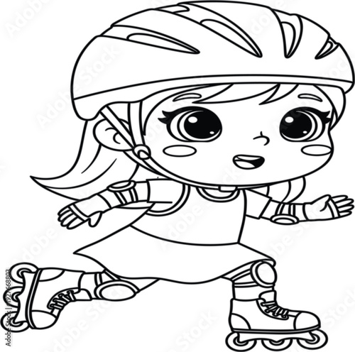 Cute Little Girl Roller Skating Cartoon Character with Helmet and Safety Pads for Kids Activity, Sports Fun and Coloring Book Vector Illustration