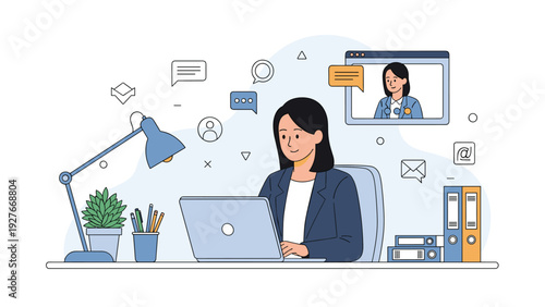 Female professional working at her desk with a laptop and having an online video meeting with a colleague for business.