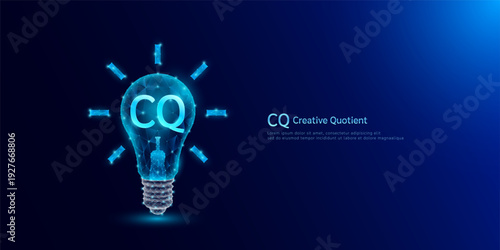 CQ Creative Quotient symbol in light bulb style polygon glowing blue on a dark background. Emotional intelligence balance of child brain. Leadership development growth concept. Vector.