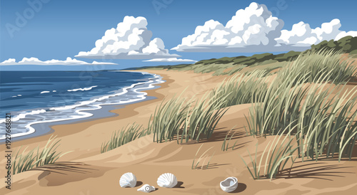 Peaceful vector illustration of sandy beach with scattered shells and dune grasses under blue sky