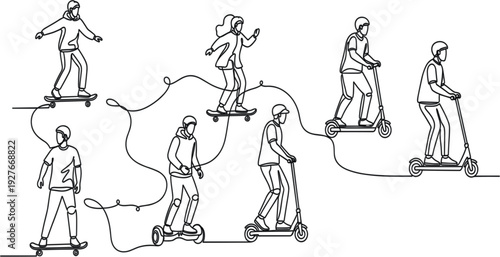 People Riding Electric Scooters and Skateboards Line Art Set with Urban Transportation and Modern Street Activity Vector Illustration