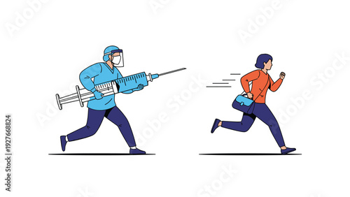 Healthcare professional in full protective gear chases woman with a giant vaccine syringe to illustrate medical coercion concepts.
