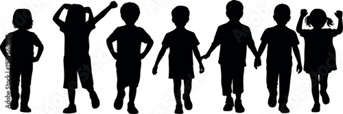 Group of diverse children silhouettes walking and playing together isolated on white background concept of childhood friendship happiness community education and elementary school unity (24 words)
