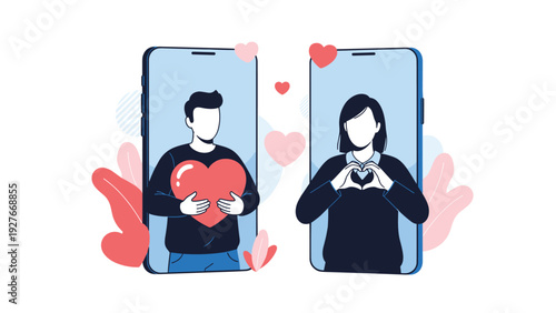 Young man and woman expressing love through heart shapes on their smartphone screens during a long distance romantic video call session.