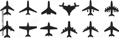 Silhouette collection of diverse aircraft, military jets, commercial airplanes, bomber planes, aviation design evolution, aerodynamics study, airplane vector illustration