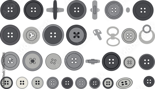 Large Collection of Grayscale Vector Sewing Buttons in Various Sizes and Shapes with Different Hole Configurations Isolated on White Background for Fashion Design ProjectsArt & Illustration
