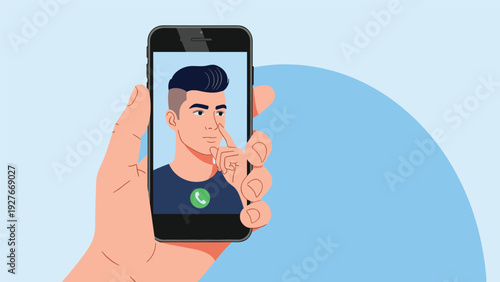 Person holding a mobile phone during a video call with a young man who is thoughtfully touching his nose while looking at the camera lens.